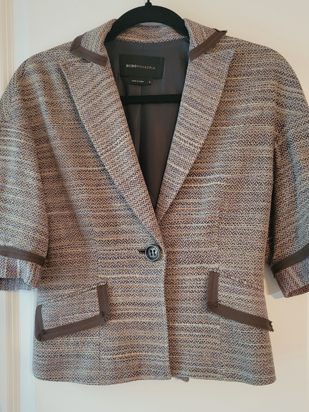 BCBGMaxAzria Black Label Blazer with Taupe Tweed Trim